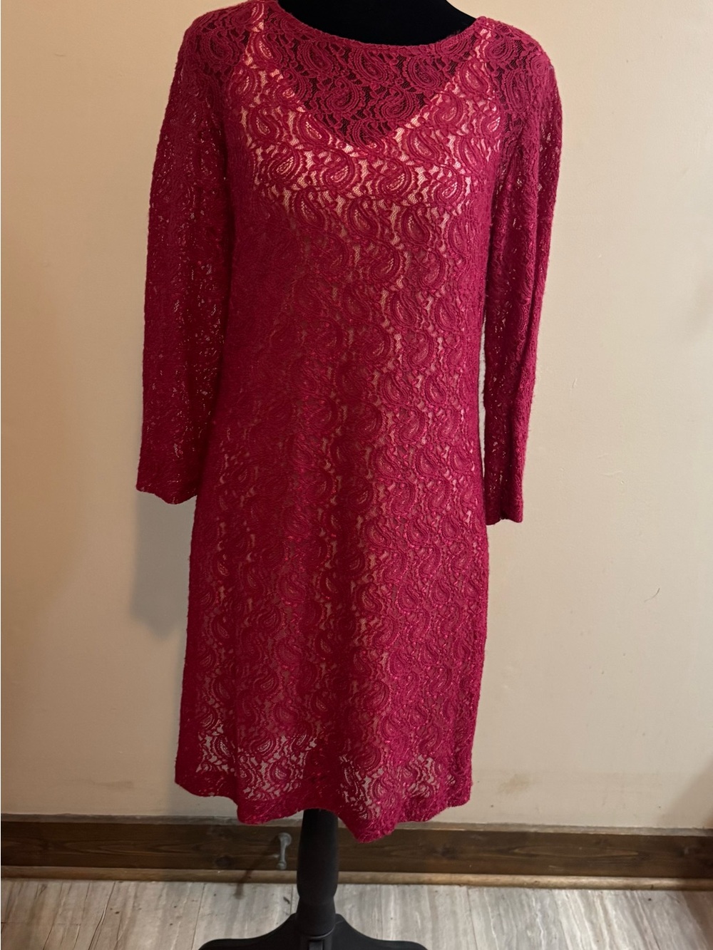Sharagano Long Sleeve Lace Dress in Red